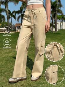 SHEIN EZwear Pantalones casuales de primavera y verano con múltiples bolsillos y cordones para mujer, pantalones rectos de caqui estilo casual retro, cómodos y versátiles de corte holgado