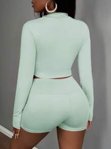 Slaydiva Women Summer 3 Pieces Set: Casual Elastic Mock Neck Zip-Up Long Sleeve T-Shirt Jacket, Sleeveless Cropped Tank Top And Athletic Shorts Island Vacation Outfits - Green - View 4