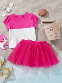 BABY SHARK X SHEIN 女婴卡通鲨鱼印花可爱休闲短袖T恤搭配粉色薄纱蝴蝶裙 - 粉色 - 查看 2