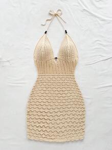 Soleia 大码性感细肩带 V 领镂空珠饰修身针织连衣裙，度假细肩带露背渐变色连衣裙，适合度假、约会、下午茶、音乐节、波西米亚风