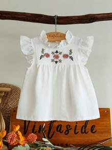 SHEIN Baby Girls' Summer Countryside Lovely Embroidered Flower Pattern Ruffle Princess Blouse Top - White - View 3