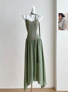 SHEIN Unity Plus Size Fashion Spaghetti Strap Dress For Women, Chic Waist Patchwork French Chiffon Summer Long Dress - Army Green - View 1
