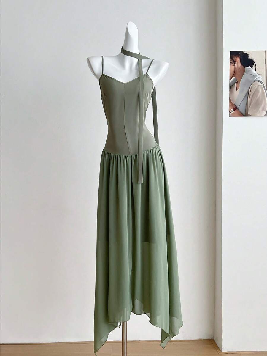 SHEIN Unity Plus Size Fashion Spaghetti Strap Dress For Women, Chic Waist Patchwork French Chiffon Summer Long Dress - Army Green - View 1