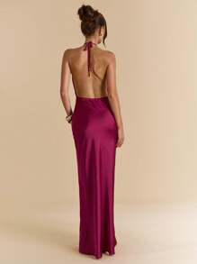 SHEIN BAE Solid Burgundy Sexy Deep V-Neck Pleated Long Satin Women's Dress, Suitable For Banquet, Wedding Bridesmaid Dress, Elegant Dress - Burgundy - View 2