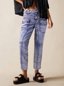 Bohemela Quần dài bó sát nữ cạp thấp dệt trơn Leisure Solid Patch Pocket Skinny - Màu xanh lam - Xem 5
