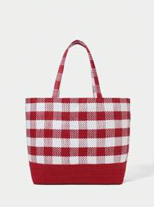 SHECARRY Vacation Casual Colorblock Plaid Large Capacity Tote Bag - Red - View 1