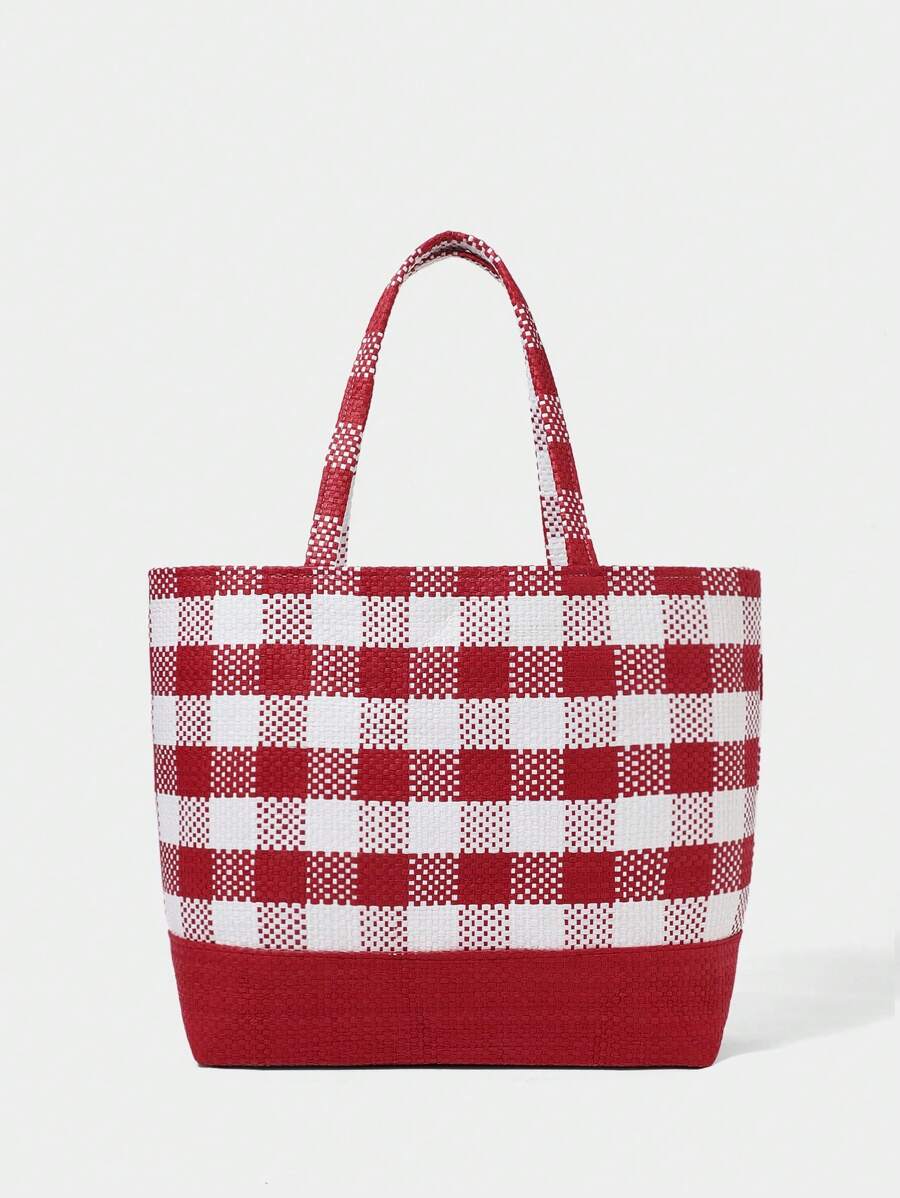 SHECARRY Vacation Casual Colorblock Plaid Large Capacity Tote Bag - Red - View 1