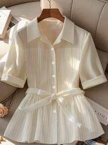 GlowEve 女士纯色短袖褶皱单排扣休闲衬衫