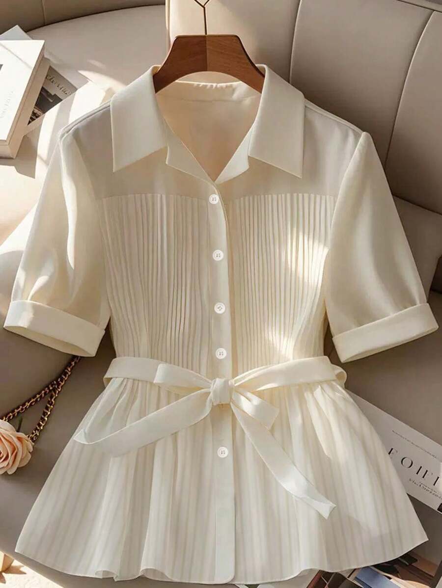 GlowEve 女士纯色短袖褶皱单排扣休闲衬衫