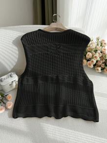 SHEIN Privé Plus Size Casual Vacation Front Tie Crochet Oversize French Cardigran Short Sleeve Sweater For Women - Black - View 2