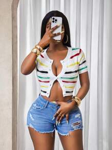 BamGleam Women's Short Sleeve Single-Breasted Striped Cropped Cardigan, Lightweight, Multi-Color - White - View 7