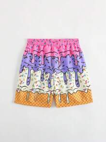 SHEIN Boy Ice Cream Print Drawstring Waist Summer Beach/Swimming Shorts - Purple - View 2