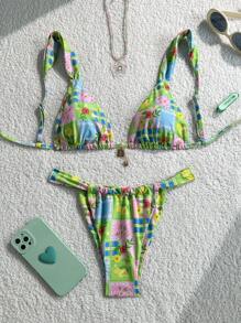 SHEIN Swim 2 Stücke/Set Sommer Urlaub zufälliges Muster Gold Palme Herz Dekor Bralette Triangel Top und Tanga Unterteil Bademode für Strandurlaub Frauen