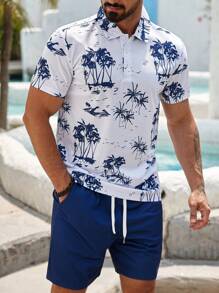 Manfinity RSRT Men's Summer Vacation Coconut Tree Print Short Sleeve Polo Shirt And Shorts Set - Blue and White - View 1