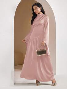 Veilorie 女士长袖连衣裙，纯色，夏季时尚 - 粉色 - 查看 2