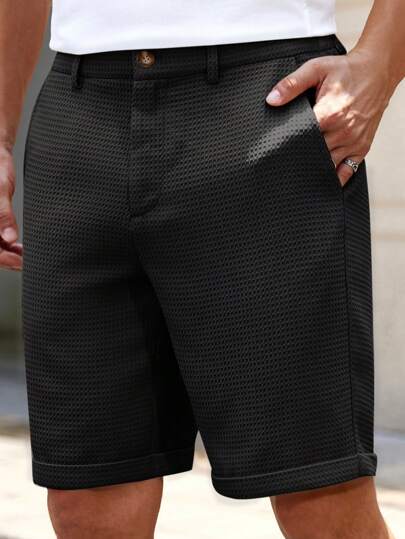 HIMLAND Men's Woven Solid Color Short Mid-Waist Straight Leg Shorts, Suitable For Daily Wear, Spring/Summer, Old Money