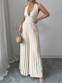 SHEIN LUNE 女士性感细肩带深V领褶皱连体裤 - 杏色 - 查看 6