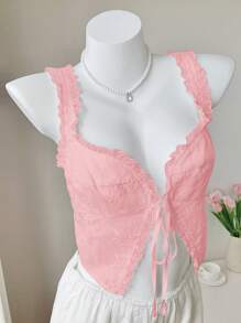 Comfortcana Pink Woven Ladies Tie Front Sweet Casual Summer Tank Top - Pink - View 7