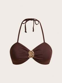 Swim Oasis 1set Women Metal Decor Hollow Out Halter One-Piece Swimsuit Top With Matching Sarong Wrap & Skirt Swimsuit Set, For Vacation For Summer