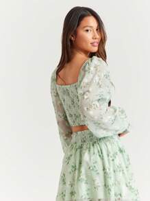 WESTFADE Spring Printed Chiffon Sweetheart Neck Bow Front Long Sleeve Crop Top - Green - View 4