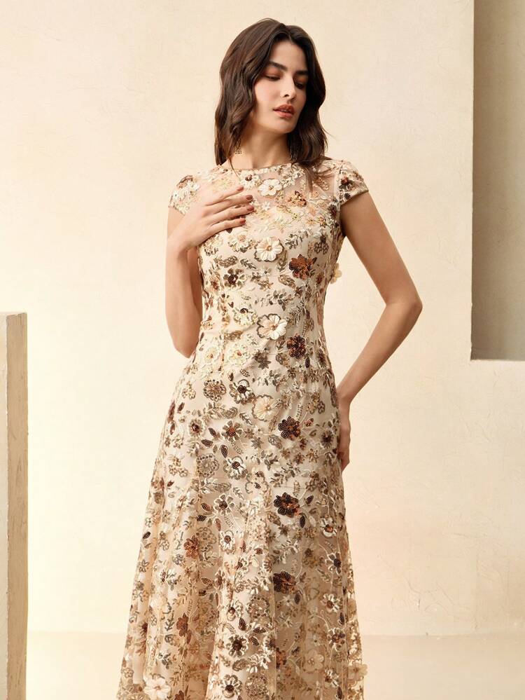 Elegant Champagne Women's Dress, Floral Embroidered Mesh Resort Wear, Shiny Sequin Short Sleeve Party Dress, Spring/Summer Outfit Party Dresses For Women