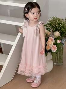 DAZY Baby Girl Bowknot Bandage Mesh Summer Elegant Sleeveless Dress - Dusty Pink - View 5