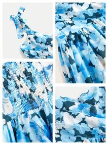 Anewsta Light Blue Floral Summer Elegant Garden Party Holiday,Women Floral Print Tied V-Neck Waist Flare Long Dress,Stylish Festival Vacation Sun Dresses - Blue - View 6