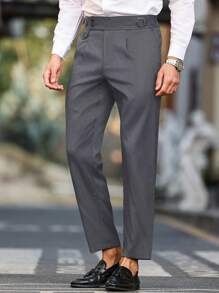 Manfinity Bizformal Men's Business-Casual White Suit Pants Featuring A Waistband Ribbon Design, Perfect As A Gift For Your Boyfriend Or Husband. Men's Casual Solid Color Tapered Suit Pants , White Pants For Men , Men White Slim Dress Pants , , Unique Suit For Men , White Suit Men - Grey - View 3