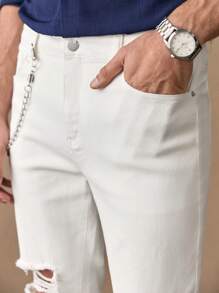 Manfinity NXTstreet Men's White Ripped Jeans With Chain, Fashionable Style - White - View 4