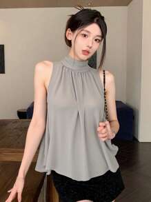 DAZY 纯色立领无袖衬衫外出上衣 - 米色 - 查看 2