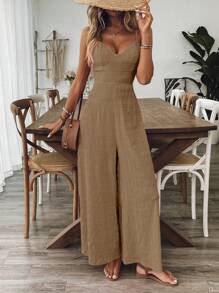 Breezaya 1 件女式 V 领无袖紫红色连体裤，夏季假期 - 棕色 - 查看 4