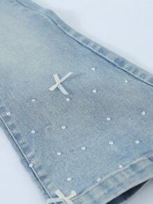 Young Girl Casual Everyday Washed Rhinestone Elastic Waist Flared Leg Pants - Light Wash - View 4