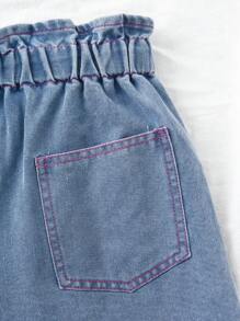 Tween Girl Light-Wash Playful Heart Embroidered Casual Loose Waist Denim Shorts, Simple Fashion Versatile Everyday Wear, School, Campus, College - Light Wash - View 3