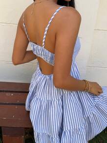 MainGRL 女士蓝色条纹梭织吊带背心连衣裙 - 淺色水洗藍 - 查看 8