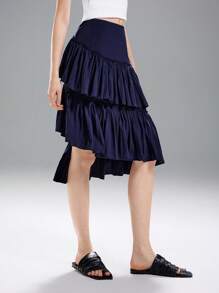 LYSMO Asymmetrical Pleated Blue Skirt, Fashionable For Summer - Navy Blue - View 1