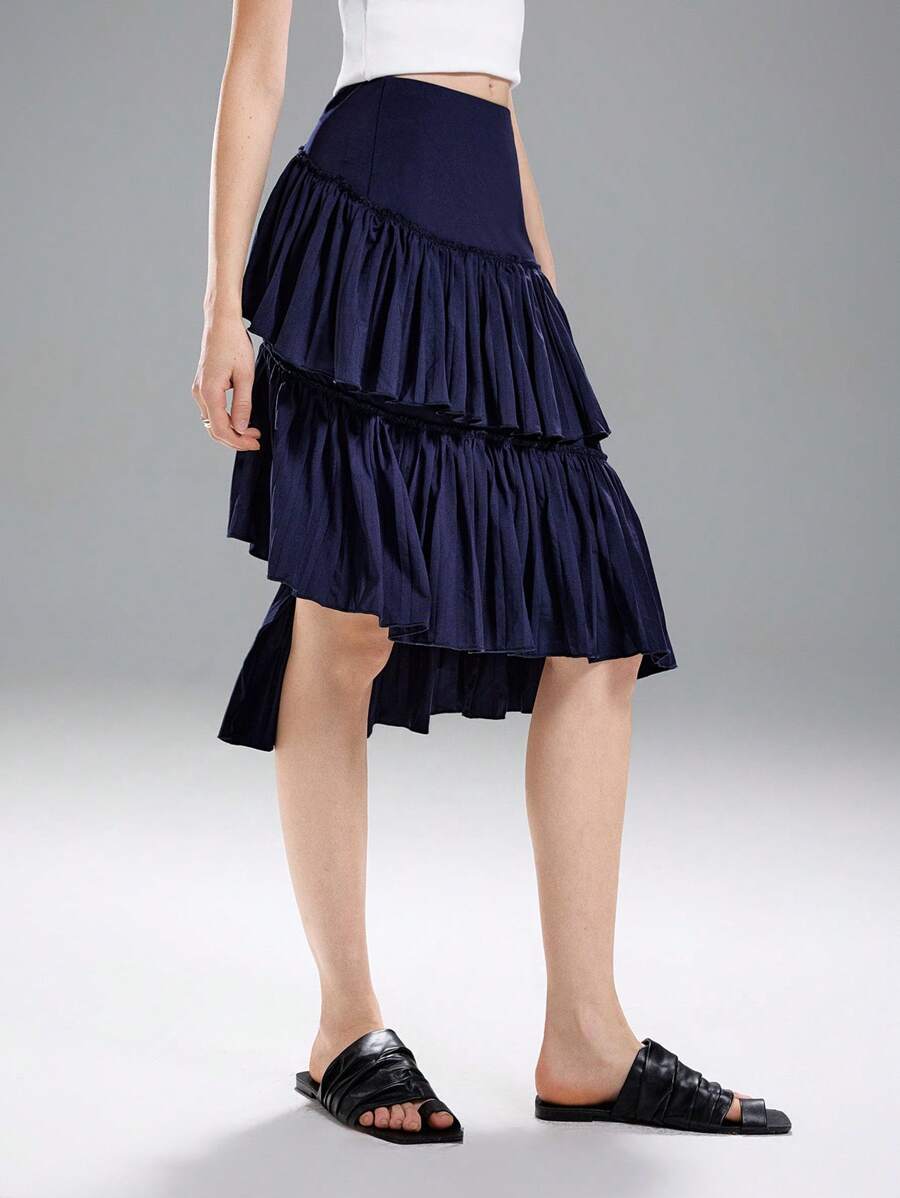 LYSMO Asymmetrical Pleated Blue Skirt, Fashionable For Summer - Navy Blue - View 1