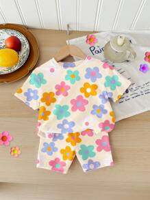 SHEIN 女婴休闲简约圆领短袖T恤和紧身短裤套装，适合春夏季 - 彩色 - 查看 3