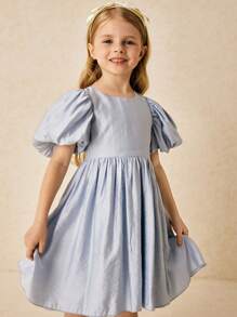 SHEIN Young Girls & Elegant Gray-Blue Floral Ruffled Sleeve Dress