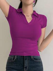 DAZY 女士休闲纯色修身 Polo 领 T 恤，夏季，商务休闲女装