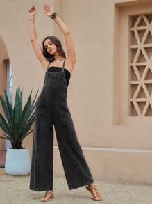 Wildy 美式西部乡村休闲女式洗水黑色牛仔连体裤 - 黑色 - 查看 5