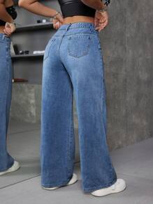 SHEIN ICON 女式宽松V领低腰喇叭阔腿牛仔裤，带口袋 - 中等水洗藍 - 查看 2