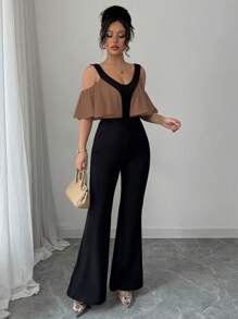 Selianne Women's Elegant Color Block Off-Shoulder Ruffle Jumpsuit - Khaki - View 4