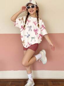 SHEIN Leap Crew 2 件套青少年女孩休闲简约短袖上衣和短裤套装，适合夏季 - 彩色 - 查看 1