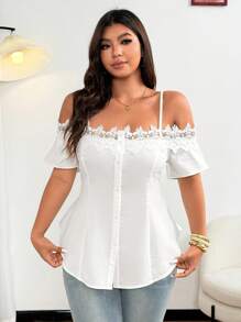 SHEIN Clasi Plus-Size Women's One-Shoulder Lace Patchwork Short-Sleeved Buttoned Slimming Shirt - White - View 6