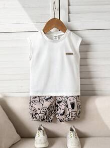 男婴涂鸦卡通印花无袖上衣和裤子套装 - 白色 - 查看 7
