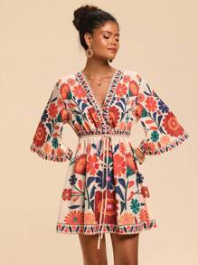 Travachic 女式V领七分袖印花宽松迷你连衣裙 - 卡其色 - 查看 4