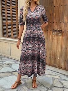 EMERY ROSE Vestido de línea A de longitud media con cuello en V y estampado floral diminuto, estilizador, de estilo veraniego - Vestido elegante ajustado y estampado floral diminuto al estilo francés - Vestido floral diminuto vintage - Vestido casual