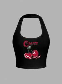 Attitoon 樱桃图案露背短款背心，女式合身夏装 - 黑色 - 查看 2