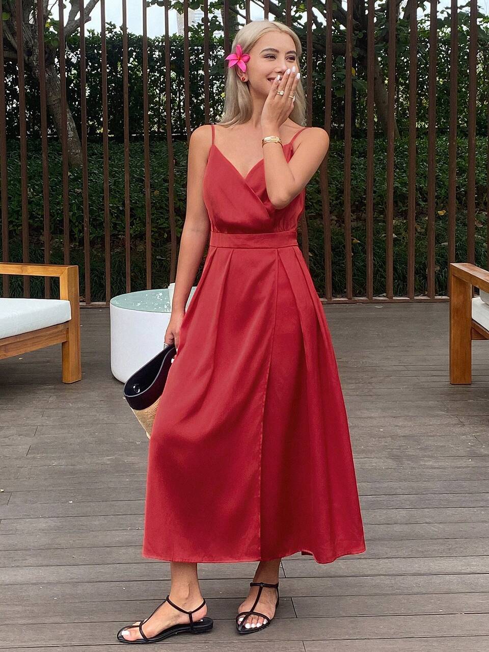 V-Neck Elegant Adjustable Waist Long Dress For Women Red Women Dresses Cruise Outfit For Women Vacation Outfits Women