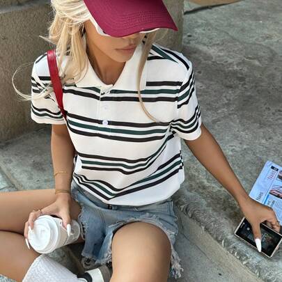 여성용 패션 스포츠 복고풍 스트라이프 프린트 폴로 카라, 대비 색상 커프, 릴랙스 핏 반팔 티셔츠, 여름 새 스타일